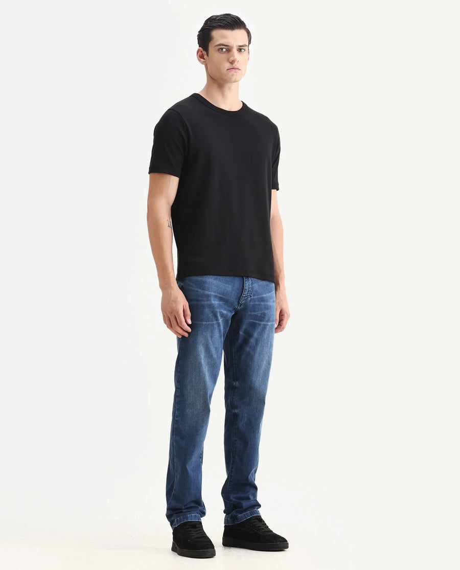 Rare Rabbit Men's Airus Blue Cotton Blend Fabric Morris Regular Fit Plain Jeans