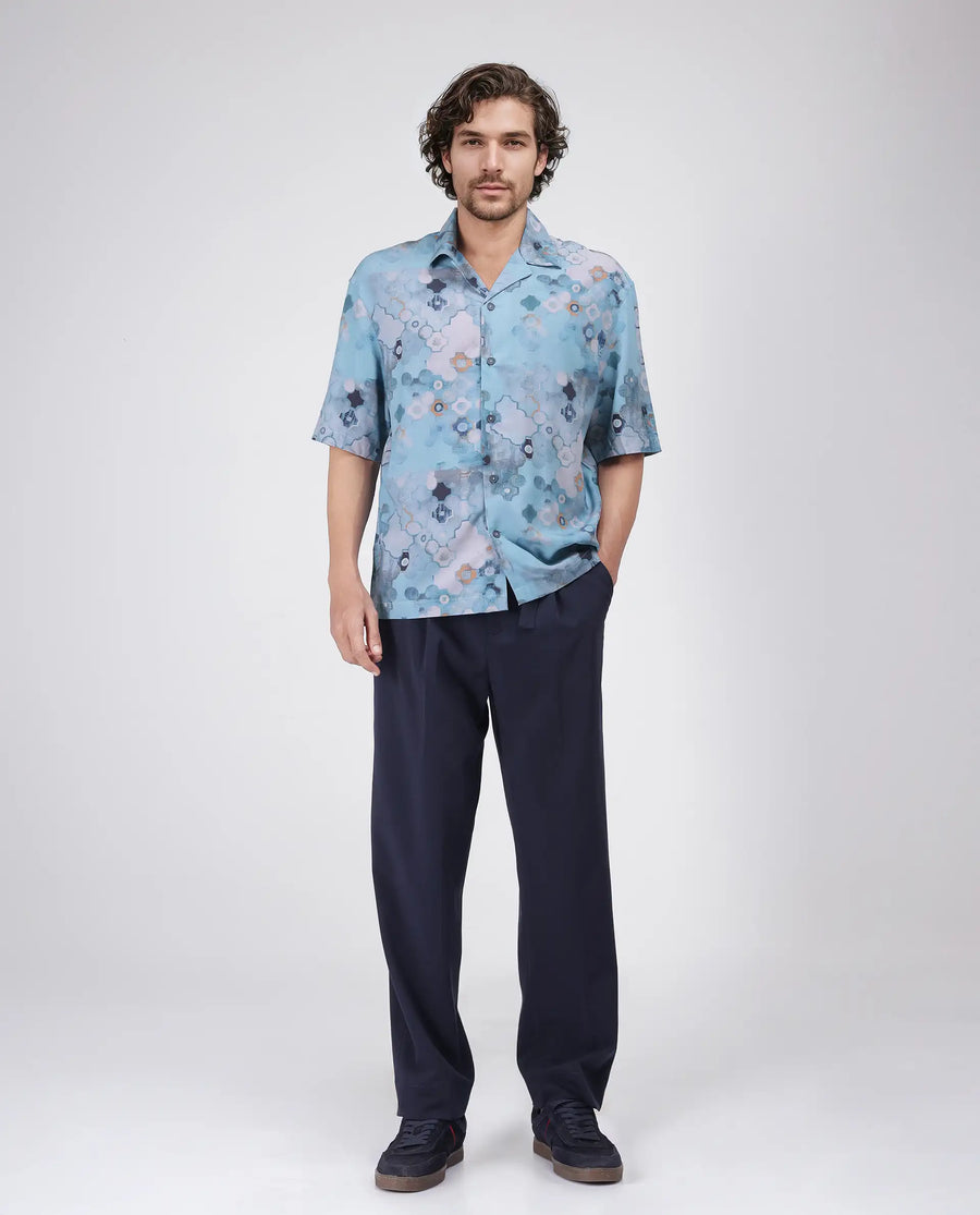 Rare Rabbit Men's Akio Blue Viscose Abstract Print Oversized Fit Half Sleeve Cuban Collar Shirt