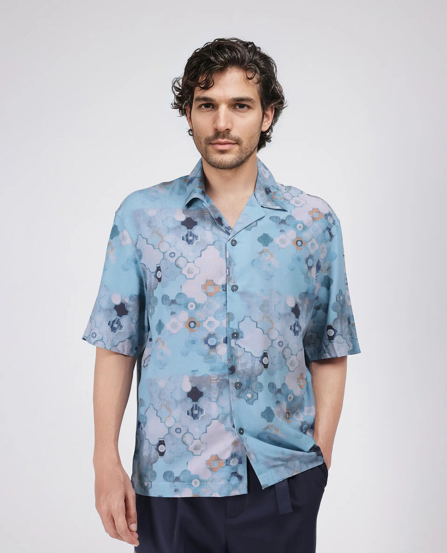 Rare Rabbit Men's Akio Blue Viscose Abstract Print Oversized Fit Half Sleeve Cuban Collar Shirt