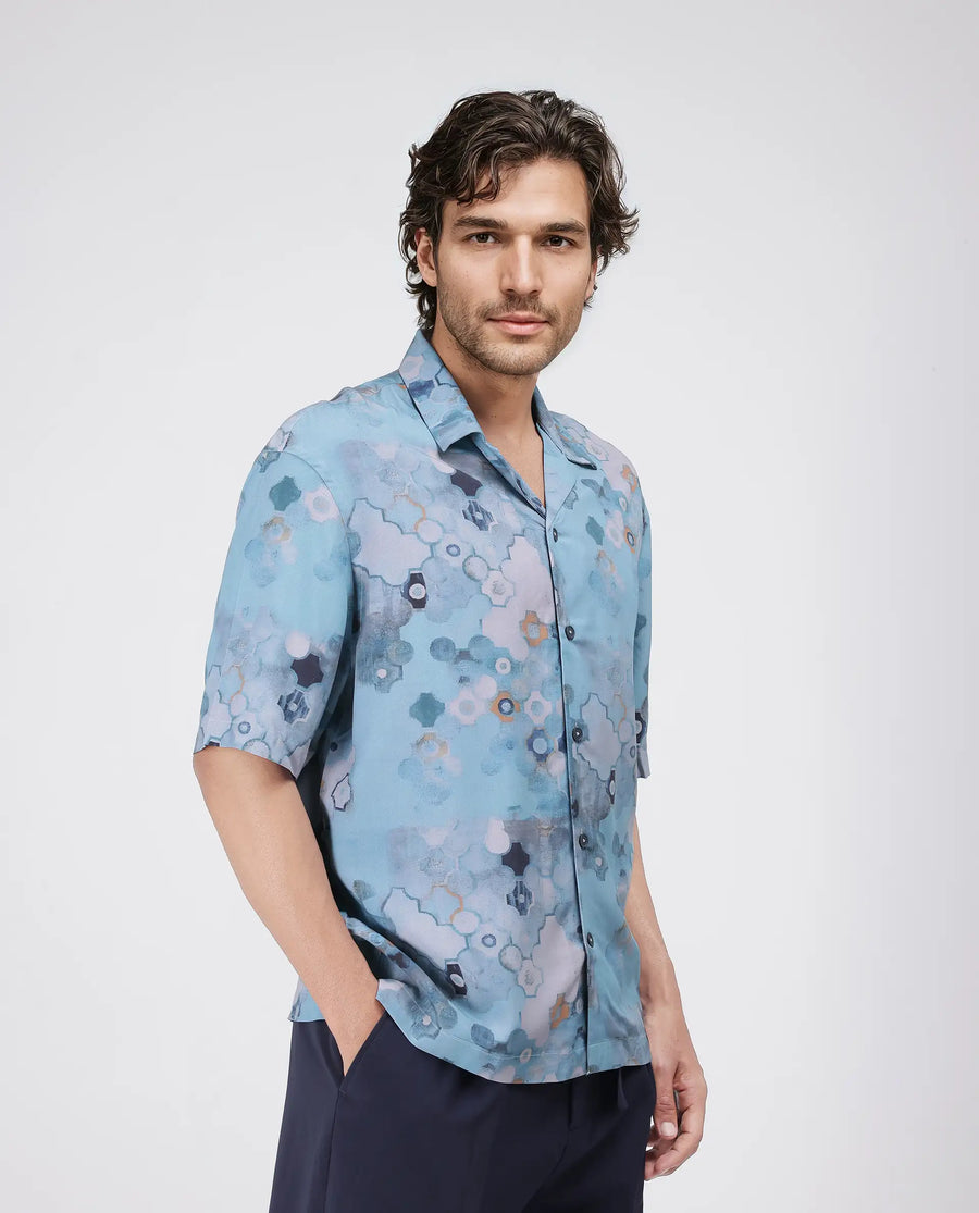 Rare Rabbit Men's Akio Blue Viscose Abstract Print Oversized Fit Half Sleeve Cuban Collar Shirt
