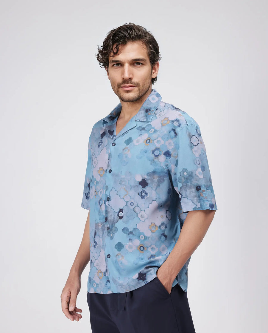 Rare Rabbit Men's Akio Blue Viscose Abstract Print Oversized Fit Half Sleeve Cuban Collar Shirt