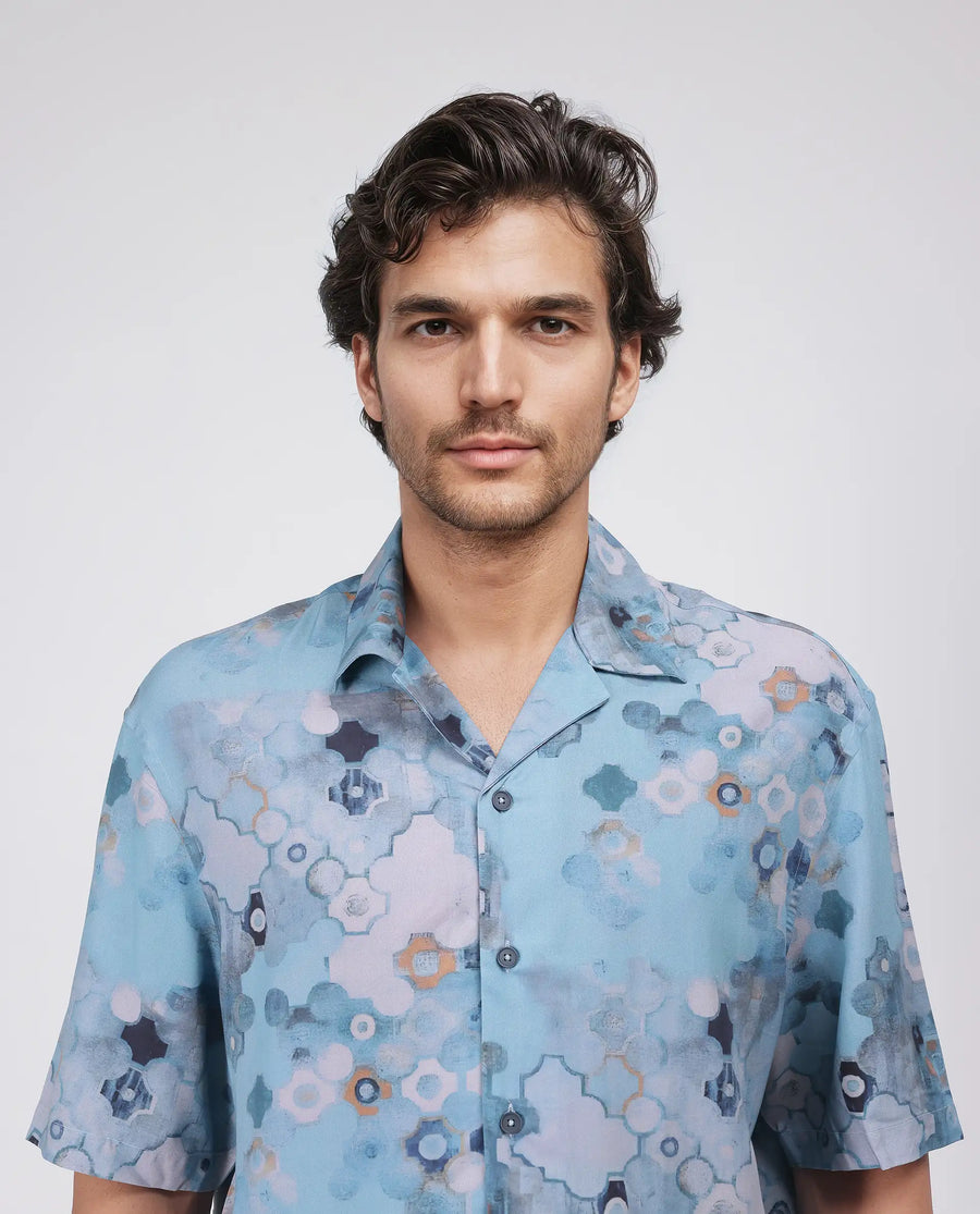 Rare Rabbit Men's Akio Blue Viscose Abstract Print Oversized Fit Half Sleeve Cuban Collar Shirt