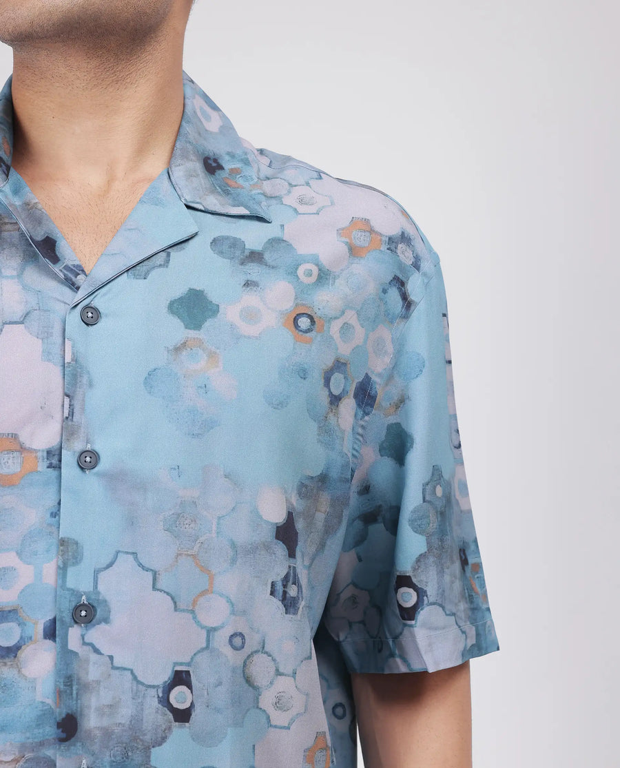 Rare Rabbit Men's Akio Blue Viscose Abstract Print Oversized Fit Half Sleeve Cuban Collar Shirt