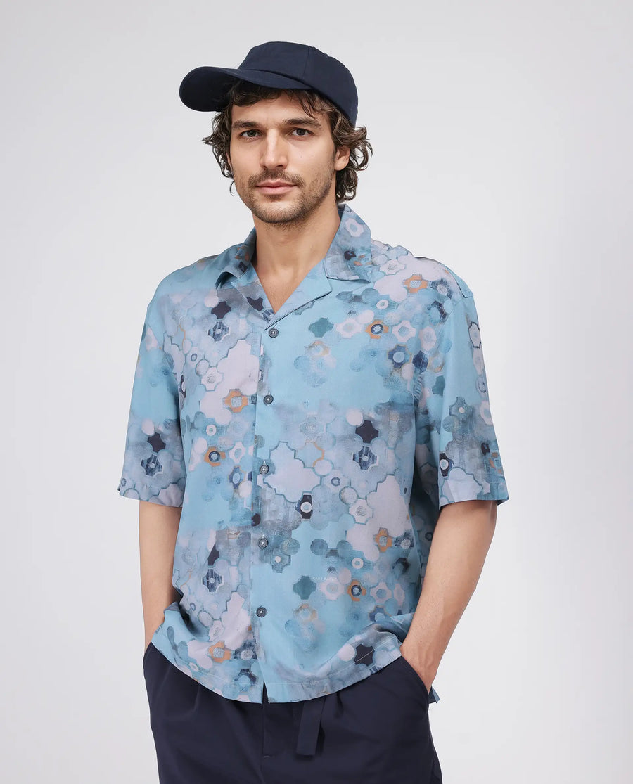 Rare Rabbit Men's Akio Blue Viscose Abstract Print Oversized Fit Half Sleeve Cuban Collar Shirt