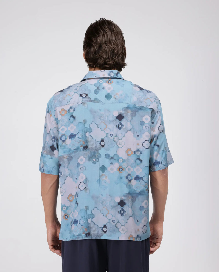Rare Rabbit Men's Akio Blue Viscose Abstract Print Oversized Fit Half Sleeve Cuban Collar Shirt