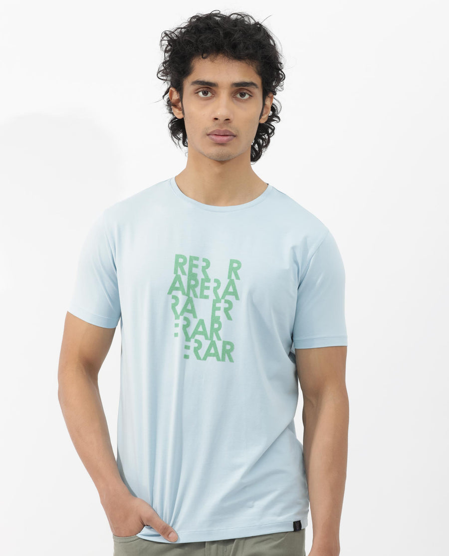Rare Rabbit Men's Akro Light Blue Cotton Blend Graphic Print Regular Fit Half Sleeve Crew Neck T-Shirt