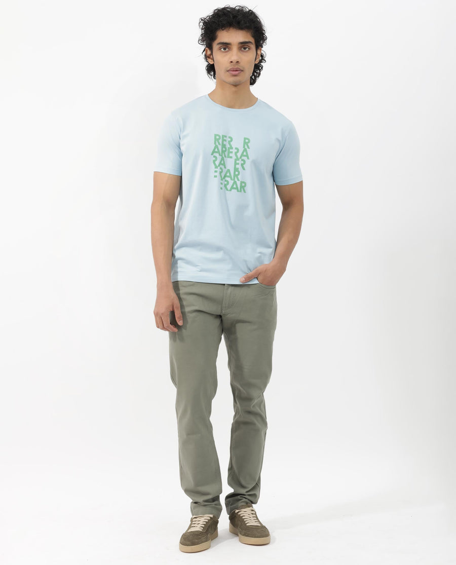 Rare Rabbit Men's Akro Light Blue Cotton Blend Graphic Print Regular Fit Half Sleeve Crew Neck T-Shirt