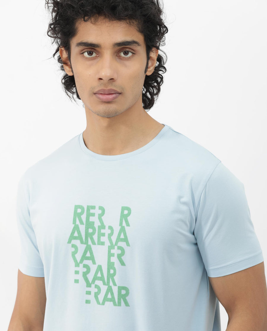 Rare Rabbit Men's Akro Light Blue Cotton Blend Graphic Print Regular Fit Half Sleeve Crew Neck T-Shirt