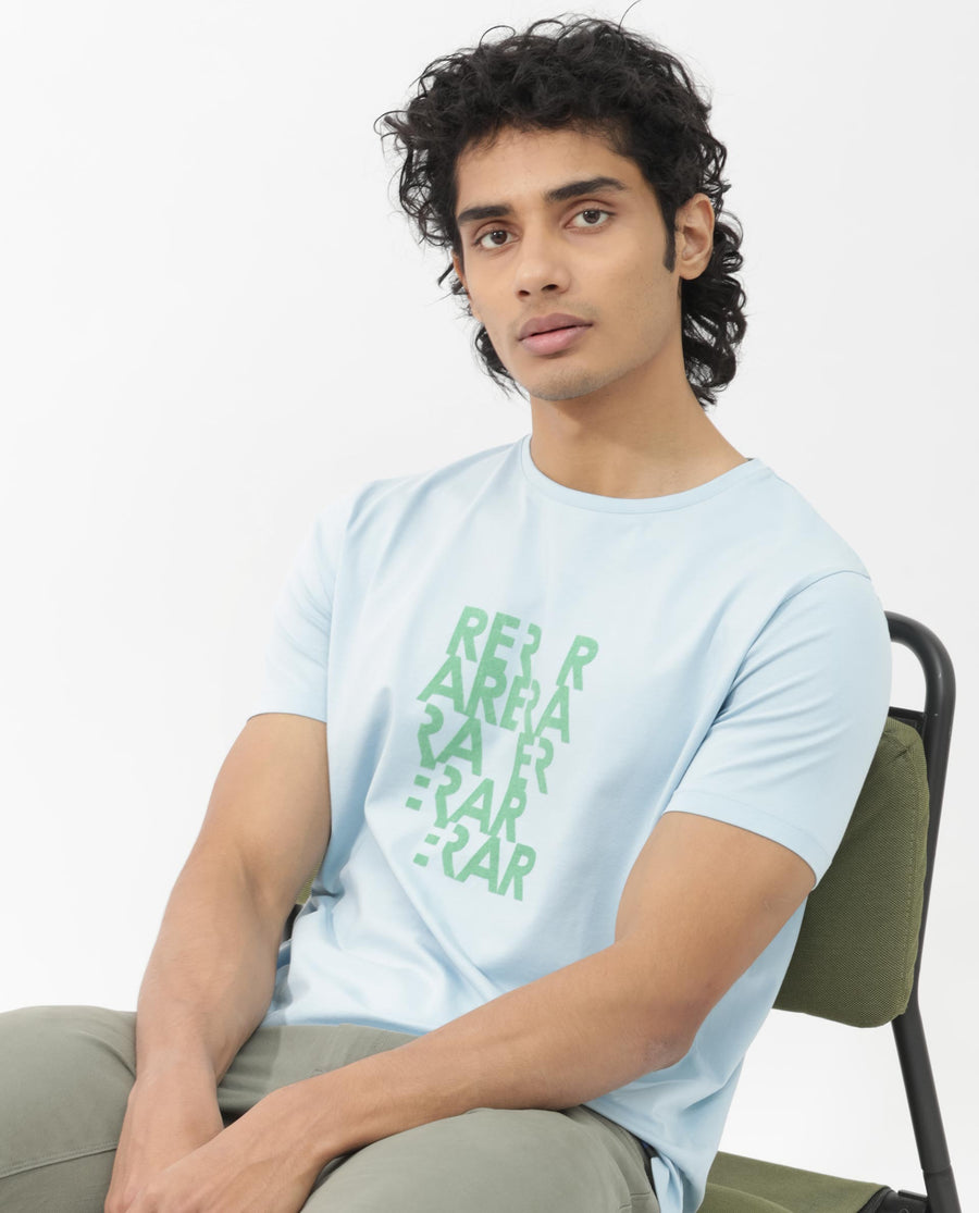 Rare Rabbit Men's Akro Light Blue Cotton Blend Graphic Print Regular Fit Half Sleeve Crew Neck T-Shirt