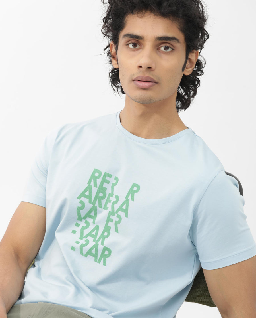 Rare Rabbit Men's Akro Light Blue Cotton Blend Graphic Print Regular Fit Half Sleeve Crew Neck T-Shirt