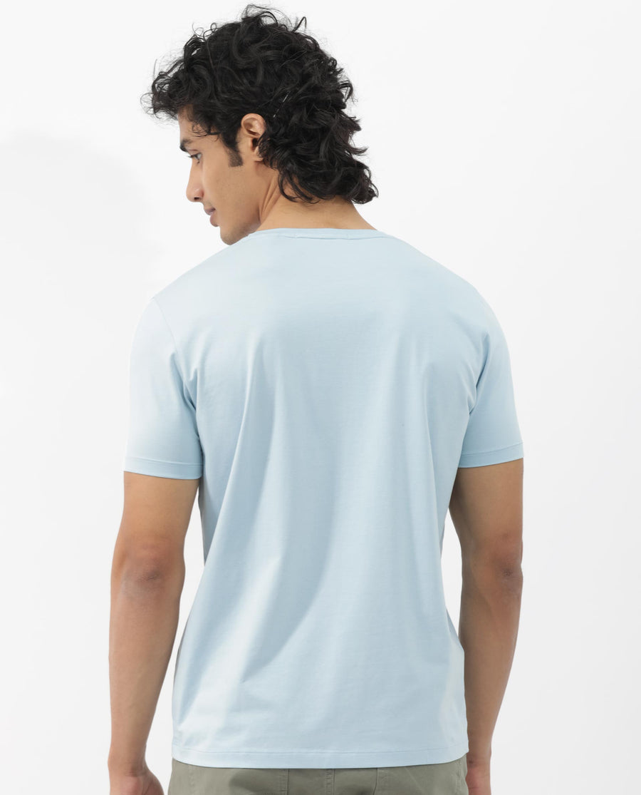 Rare Rabbit Men's Akro Light Blue Cotton Blend Graphic Print Regular Fit Half Sleeve Crew Neck T-Shirt