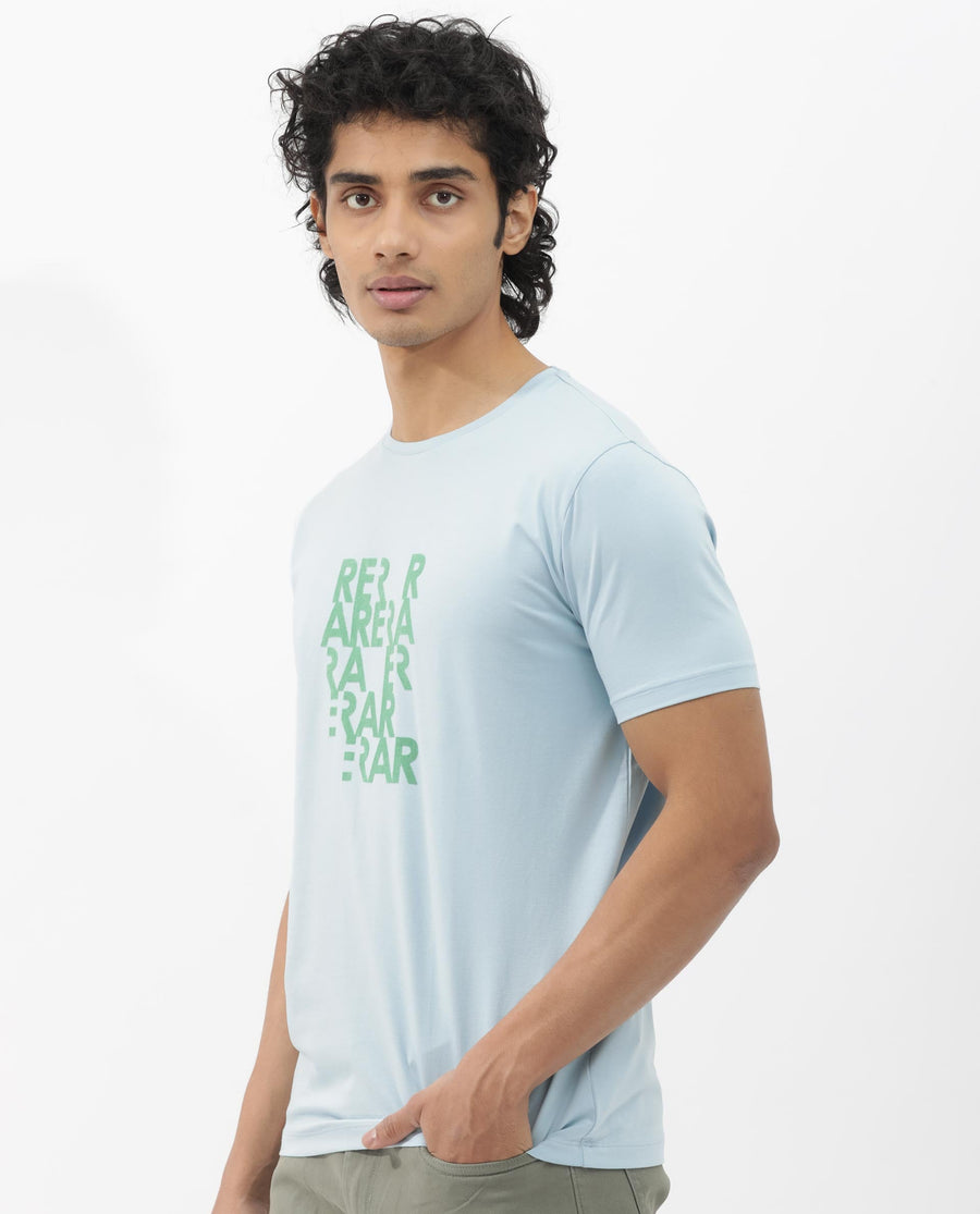 Rare Rabbit Men's Akro Light Blue Cotton Blend Graphic Print Regular Fit Half Sleeve Crew Neck T-Shirt