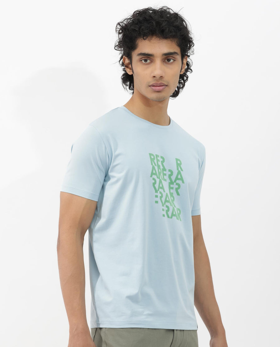 Rare Rabbit Men's Akro Light Blue Cotton Blend Graphic Print Regular Fit Half Sleeve Crew Neck T-Shirt