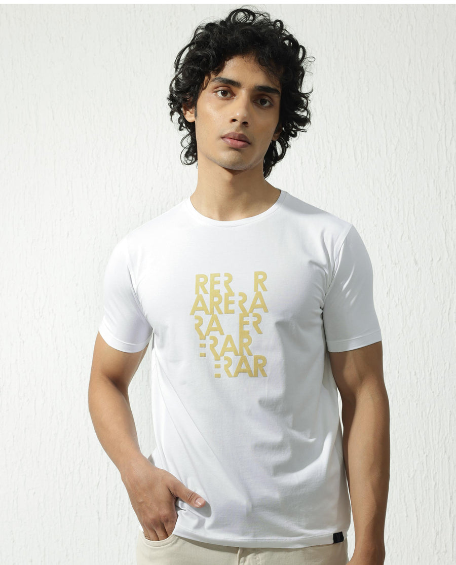 Rare Rabbit Men's Akro White Cotton Blend Graphic Print Regular Fit Half Sleeve Crew Neck T-Shirt