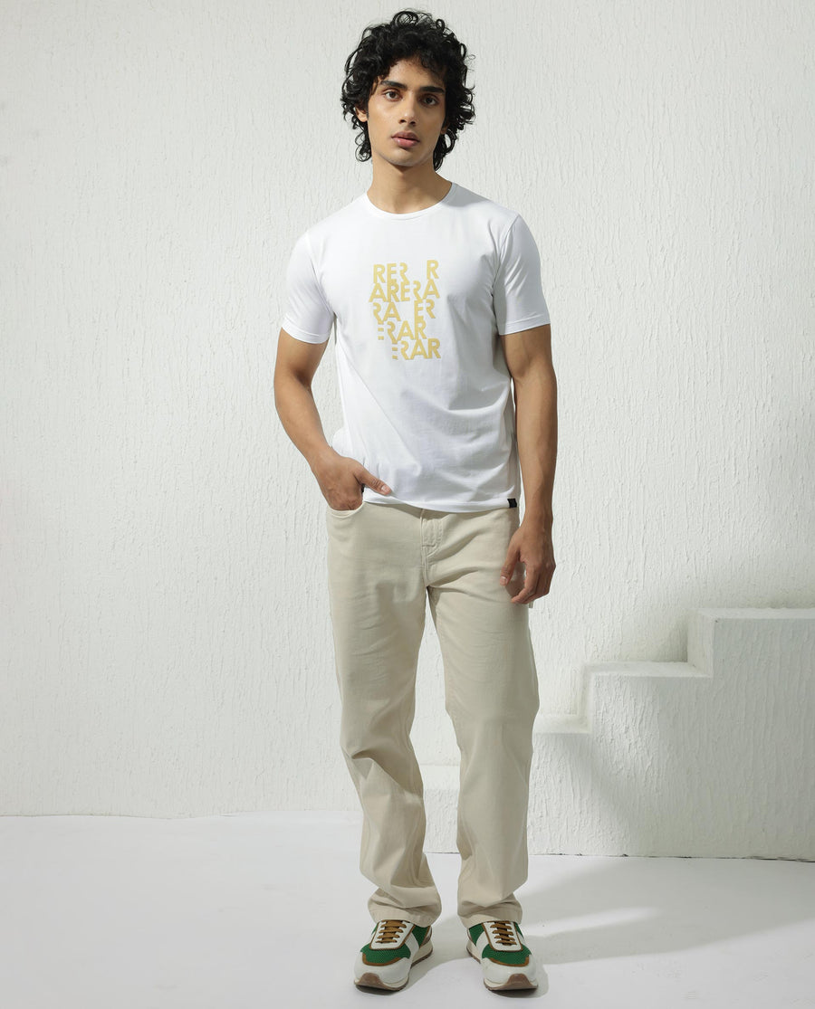 Rare Rabbit Men's Akro White Cotton Blend Graphic Print Regular Fit Half Sleeve Crew Neck T-Shirt