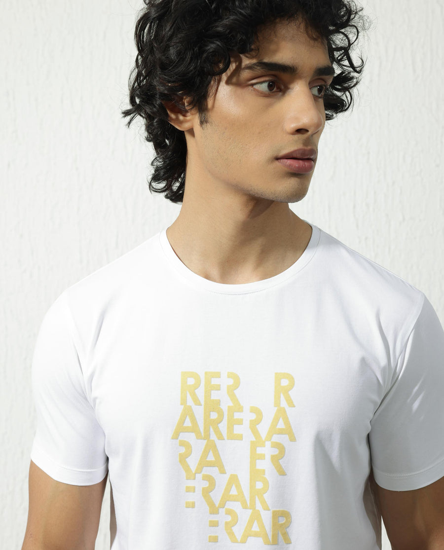 Rare Rabbit Men's Akro White Cotton Blend Graphic Print Regular Fit Half Sleeve Crew Neck T-Shirt