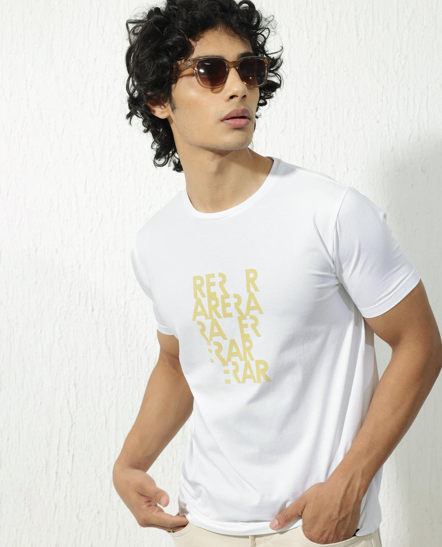 Rare Rabbit Men's Akro White Cotton Blend Graphic Print Regular Fit Half Sleeve Crew Neck T-Shirt
