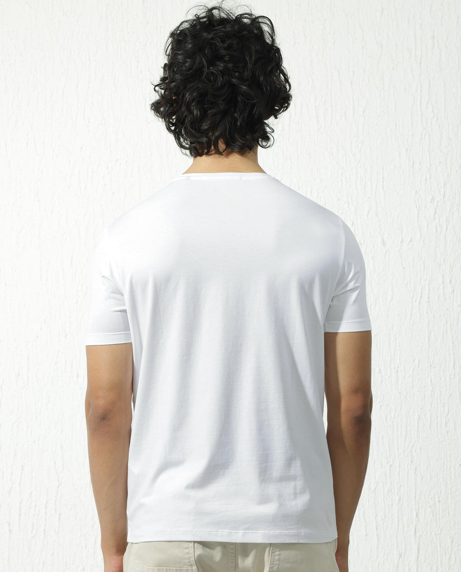 Rare Rabbit Men's Akro White Cotton Blend Graphic Print Regular Fit Half Sleeve Crew Neck T-Shirt