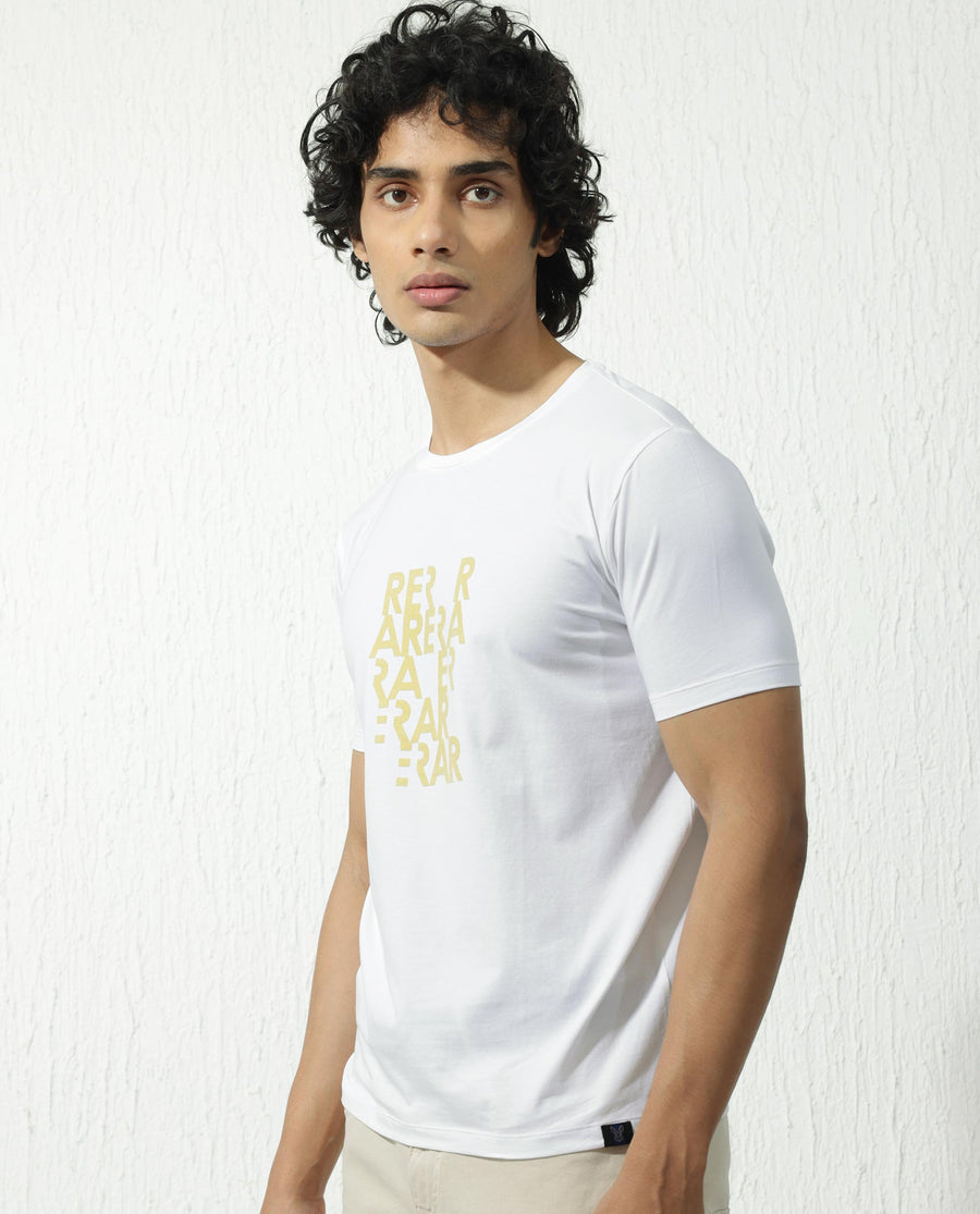 Rare Rabbit Men's Akro White Cotton Blend Graphic Print Regular Fit Half Sleeve Crew Neck T-Shirt