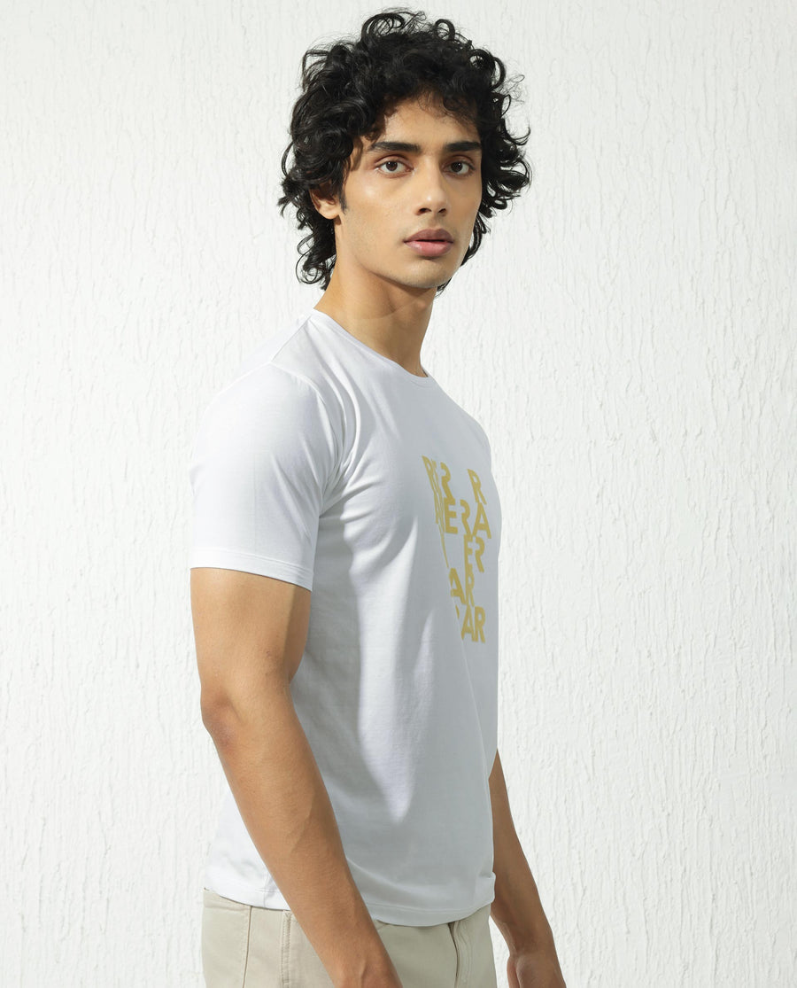 Rare Rabbit Men's Akro White Cotton Blend Graphic Print Regular Fit Half Sleeve Crew Neck T-Shirt