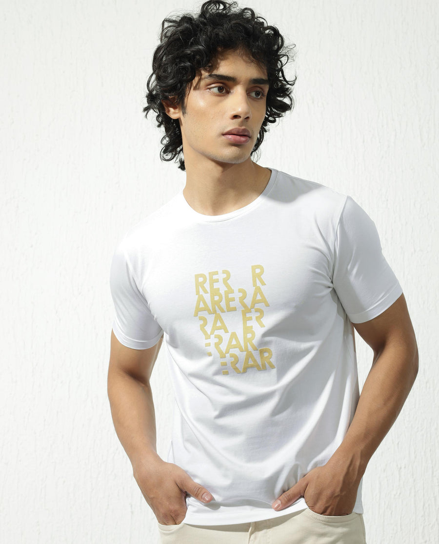 Rare Rabbit Men's Akro White Cotton Blend Graphic Print Regular Fit Half Sleeve Crew Neck T-Shirt