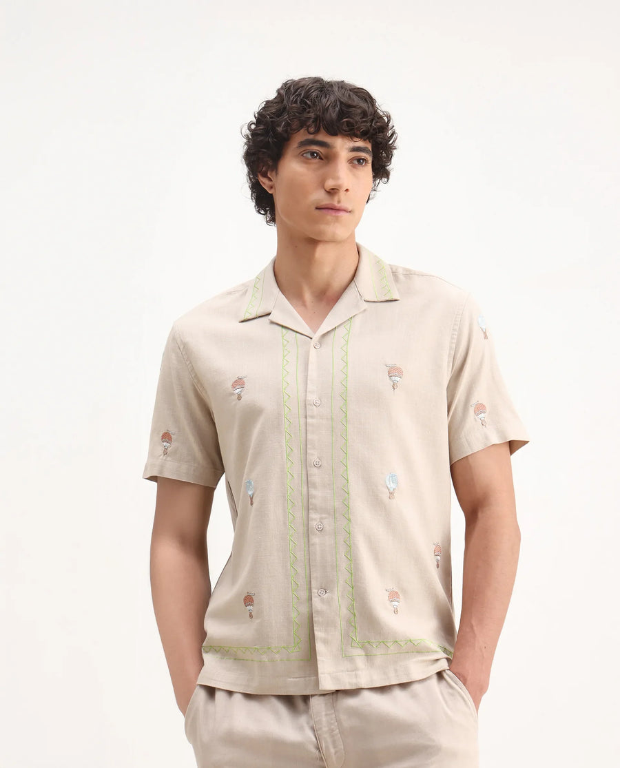 Rare Rabbit Men's Albet Off White Cotton Embroidered Boxy Fit Half Sleeve Cuban Collar Shirt