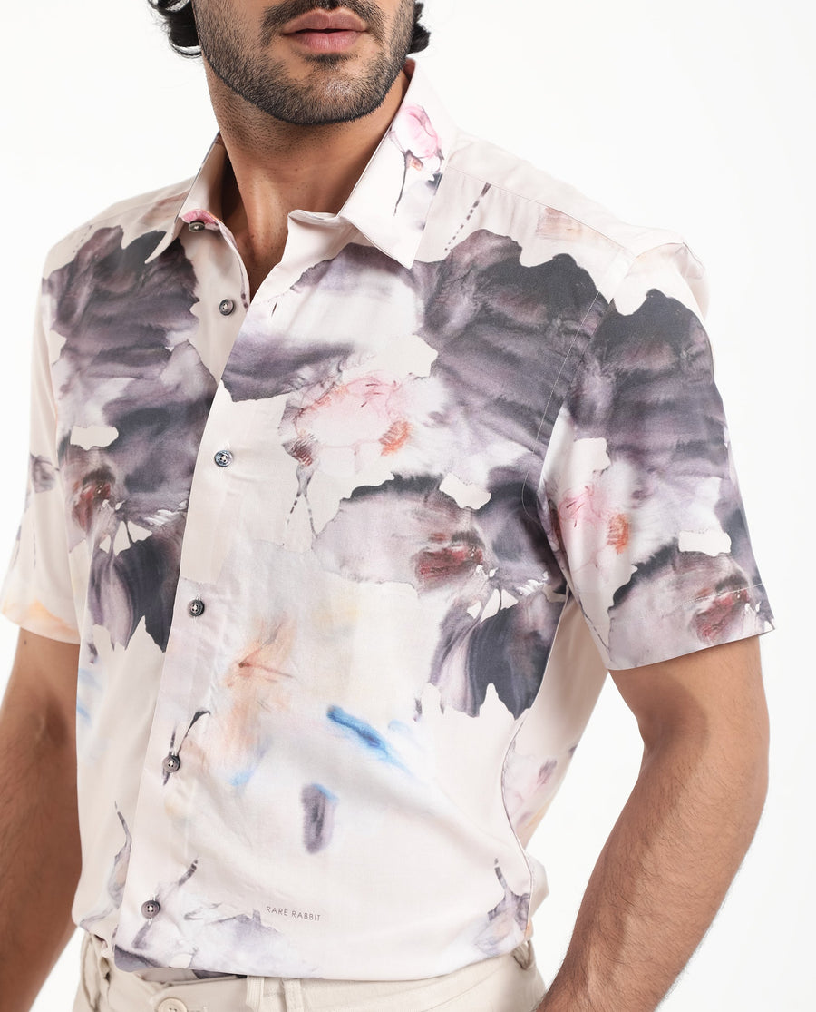 Rare Rabbit Men's Alcamy White Viscose Floral Print Regular Fit Half Sleeve Collared Shirt