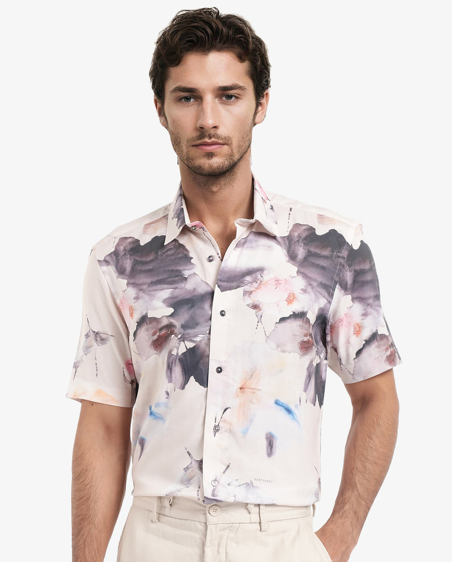 Rare Rabbit Men's Alcamy White Viscose Floral Print Regular Fit Half Sleeve Collared Shirt