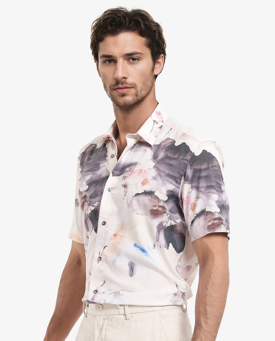 Rare Rabbit Men's Alcamy White Viscose Floral Print Regular Fit Half Sleeve Collared Shirt