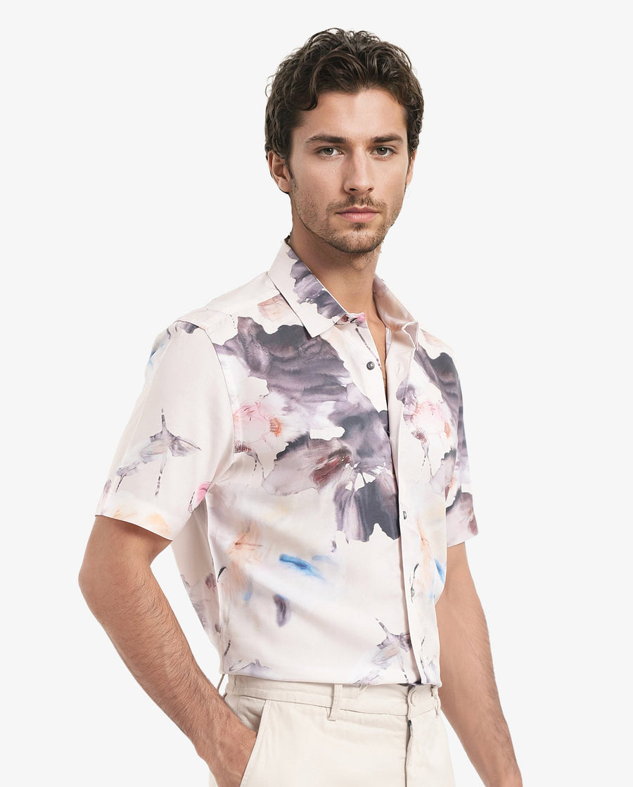 Rare Rabbit Men's Alcamy White Viscose Floral Print Regular Fit Half Sleeve Collared Shirt