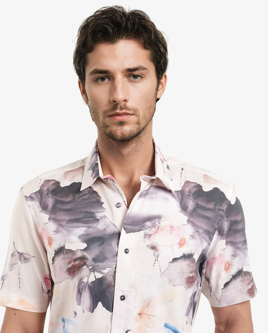 Rare Rabbit Men's Alcamy White Viscose Floral Print Regular Fit Half Sleeve Collared Shirt