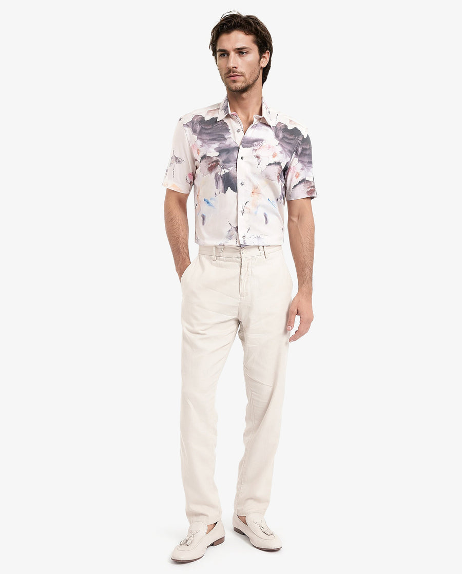 Rare Rabbit Men's Alcamy White Viscose Floral Print Regular Fit Half Sleeve Collared Shirt