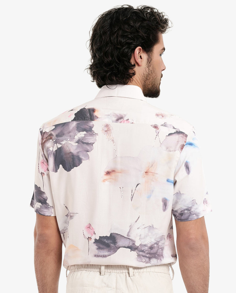 Rare Rabbit Men's Alcamy White Viscose Floral Print Regular Fit Half Sleeve Collared Shirt