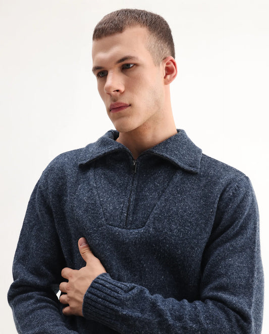 Rare Rabbit Men's Alfert Dusky Navy Polyester Plain Regular Fit Full Sleeve High Neck Sweater