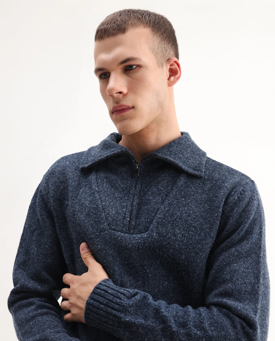 Rare Rabbit Men's Alfert Dusky Navy Polyester Plain Regular Fit Full Sleeve High Neck Sweater