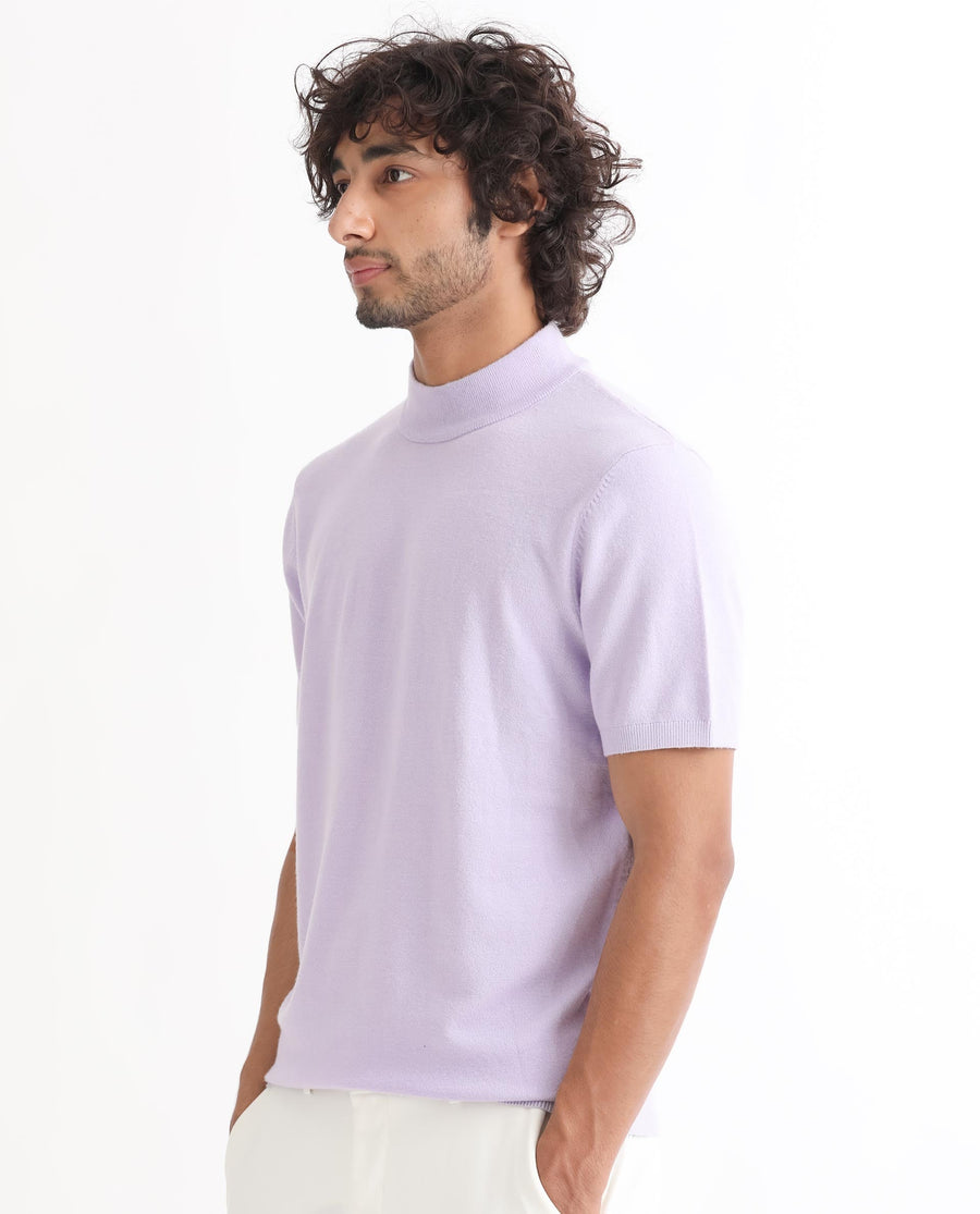 Rare Rabbit Men's Alfet Pastel Purple Viscose Plain Slim Fit Half Sleeve High Neck T-Shirt