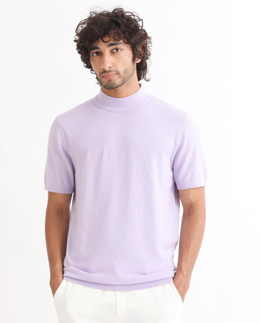 Rare Rabbit Men's Alfet Pastel Purple Viscose Plain Slim Fit Half Sleeve High Neck T-Shirt