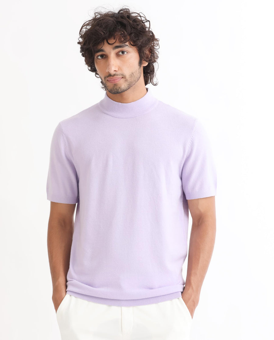Rare Rabbit Men's Alfet Pastel Purple Viscose Plain Slim Fit Half Sleeve High Neck T-Shirt