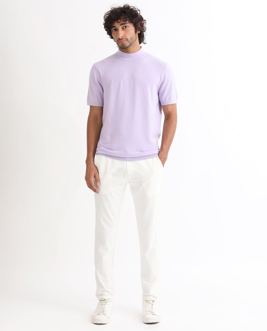 Rare Rabbit Men's Alfet Pastel Purple Viscose Plain Slim Fit Half Sleeve High Neck T-Shirt