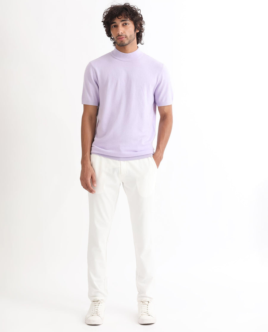 Rare Rabbit Men's Alfet Pastel Purple Viscose Plain Slim Fit Half Sleeve High Neck T-Shirt