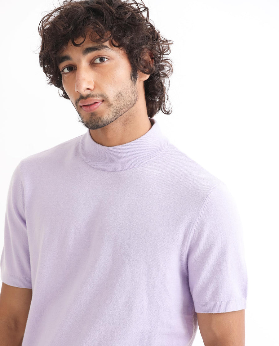 Rare Rabbit Men's Alfet Pastel Purple Viscose Plain Slim Fit Half Sleeve High Neck T-Shirt