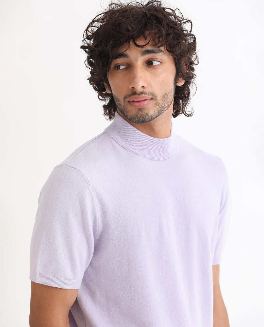 Rare Rabbit Men's Alfet Pastel Purple Viscose Plain Slim Fit Half Sleeve High Neck T-Shirt