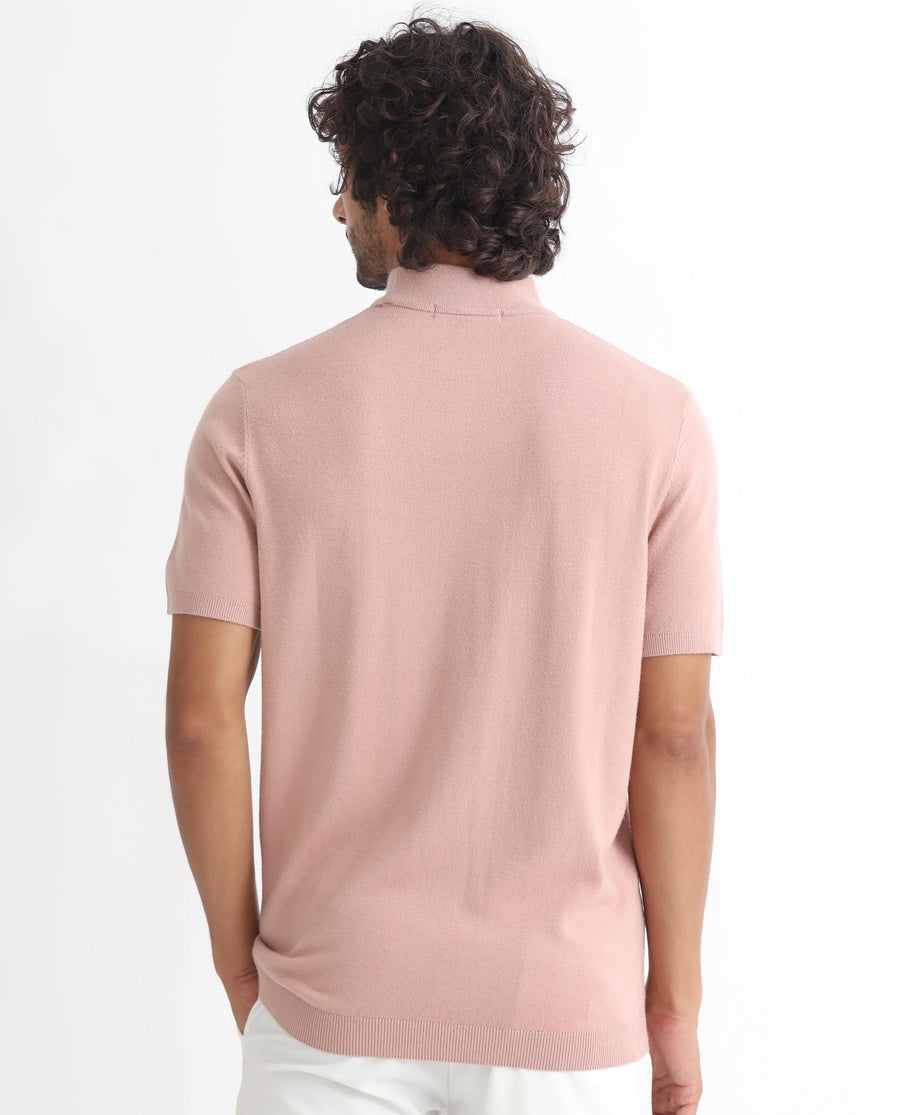 Rare Rabbit Men's Alfet Peach Viscose Plain Slim Fit Half Sleeve High Neck T-Shirt