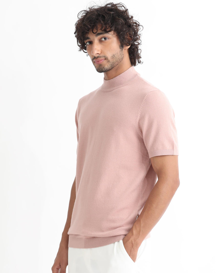 Rare Rabbit Men's Alfet Peach Viscose Plain Slim Fit Half Sleeve High Neck T-Shirt