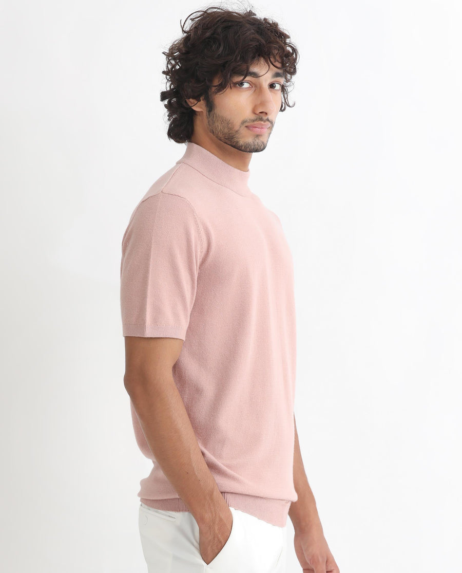 Rare Rabbit Men's Alfet Peach Viscose Plain Slim Fit Half Sleeve High Neck T-Shirt