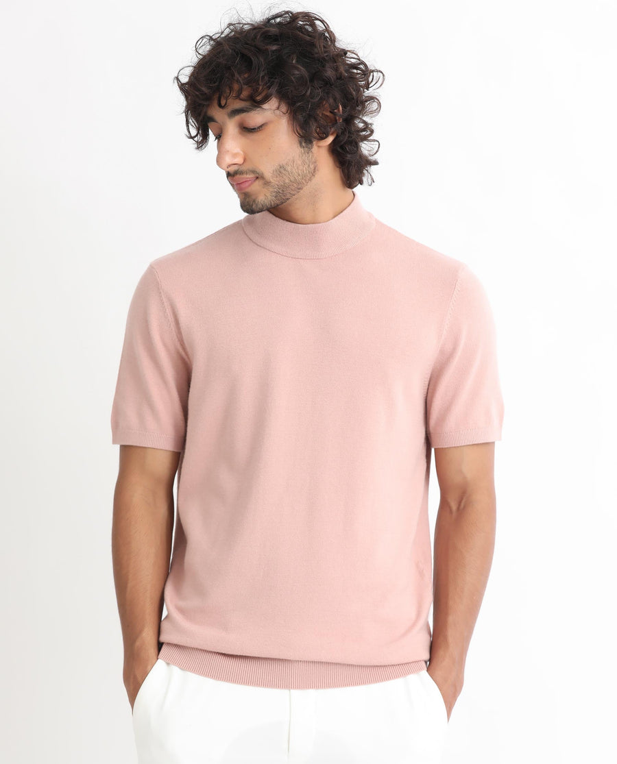 Rare Rabbit Men's Alfet Peach Viscose Plain Slim Fit Half Sleeve High Neck T-Shirt