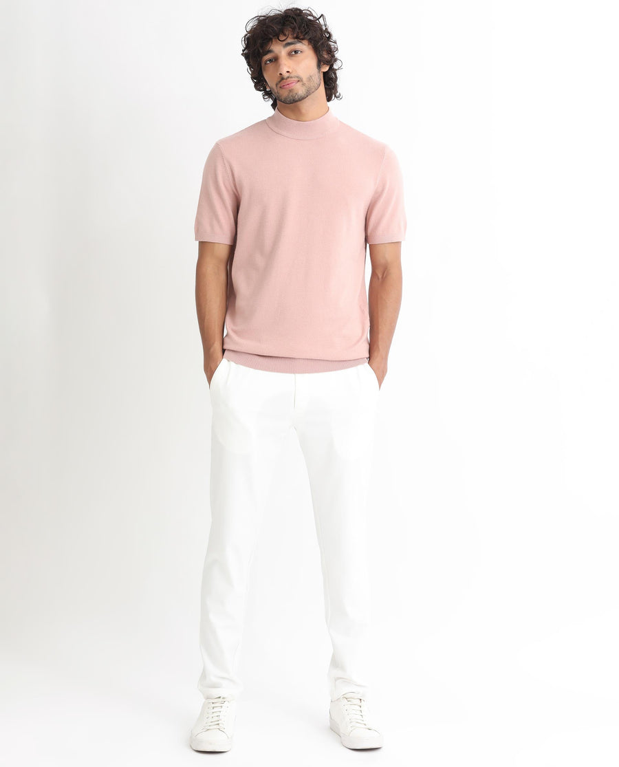 Rare Rabbit Men's Alfet Peach Viscose Plain Slim Fit Half Sleeve High Neck T-Shirt