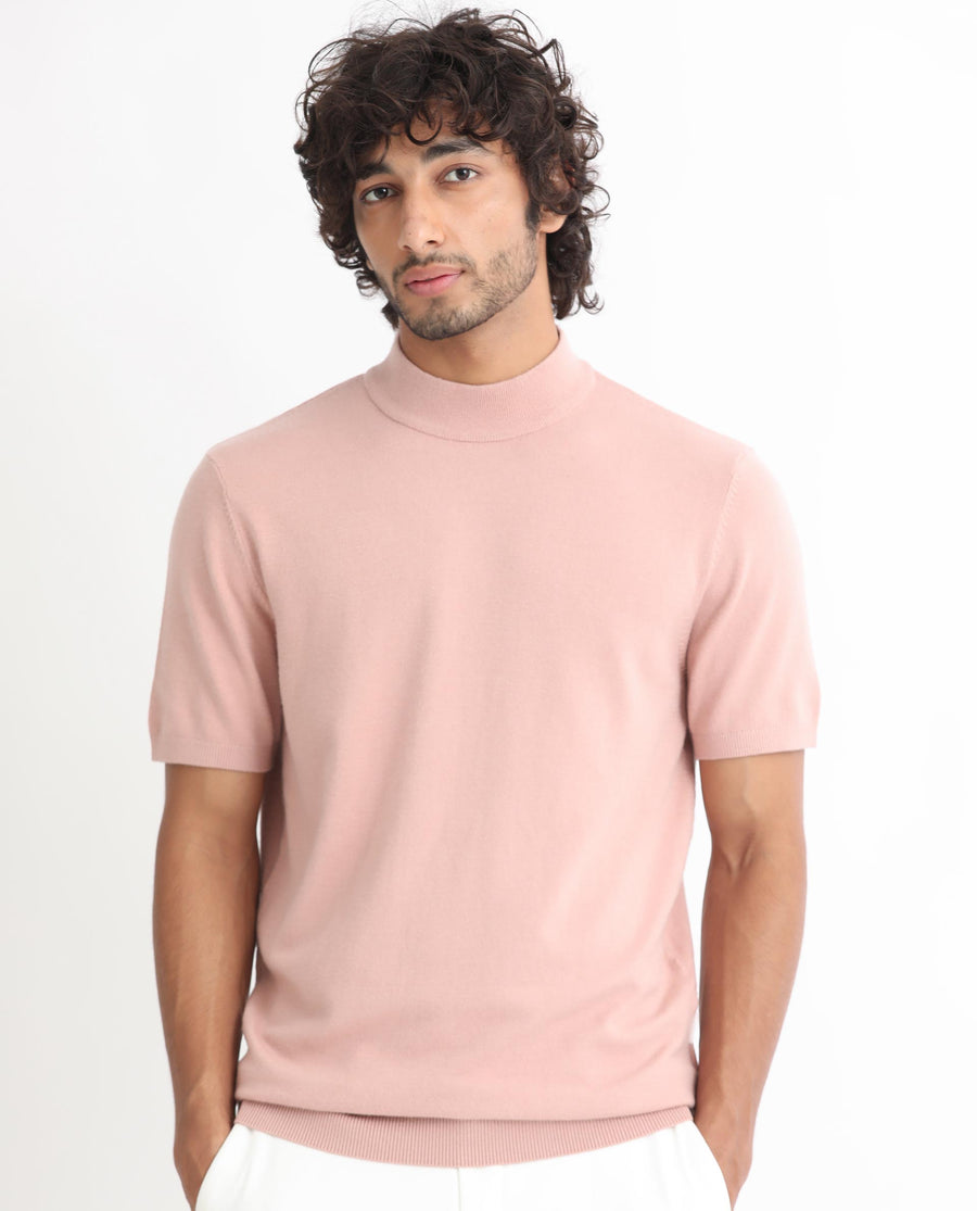 Rare Rabbit Men's Alfet Peach Viscose Plain Slim Fit Half Sleeve High Neck T-Shirt