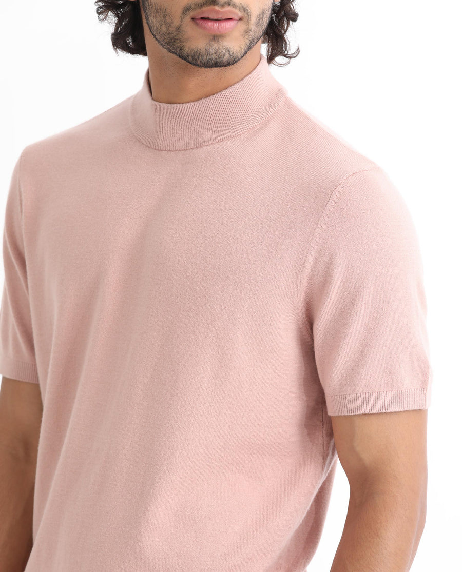 Rare Rabbit Men's Alfet Peach Viscose Plain Slim Fit Half Sleeve High Neck T-Shirt