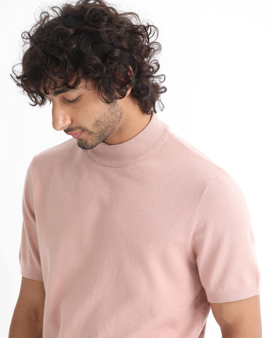 Rare Rabbit Men's Alfet Peach Viscose Plain Slim Fit Half Sleeve High Neck T-Shirt